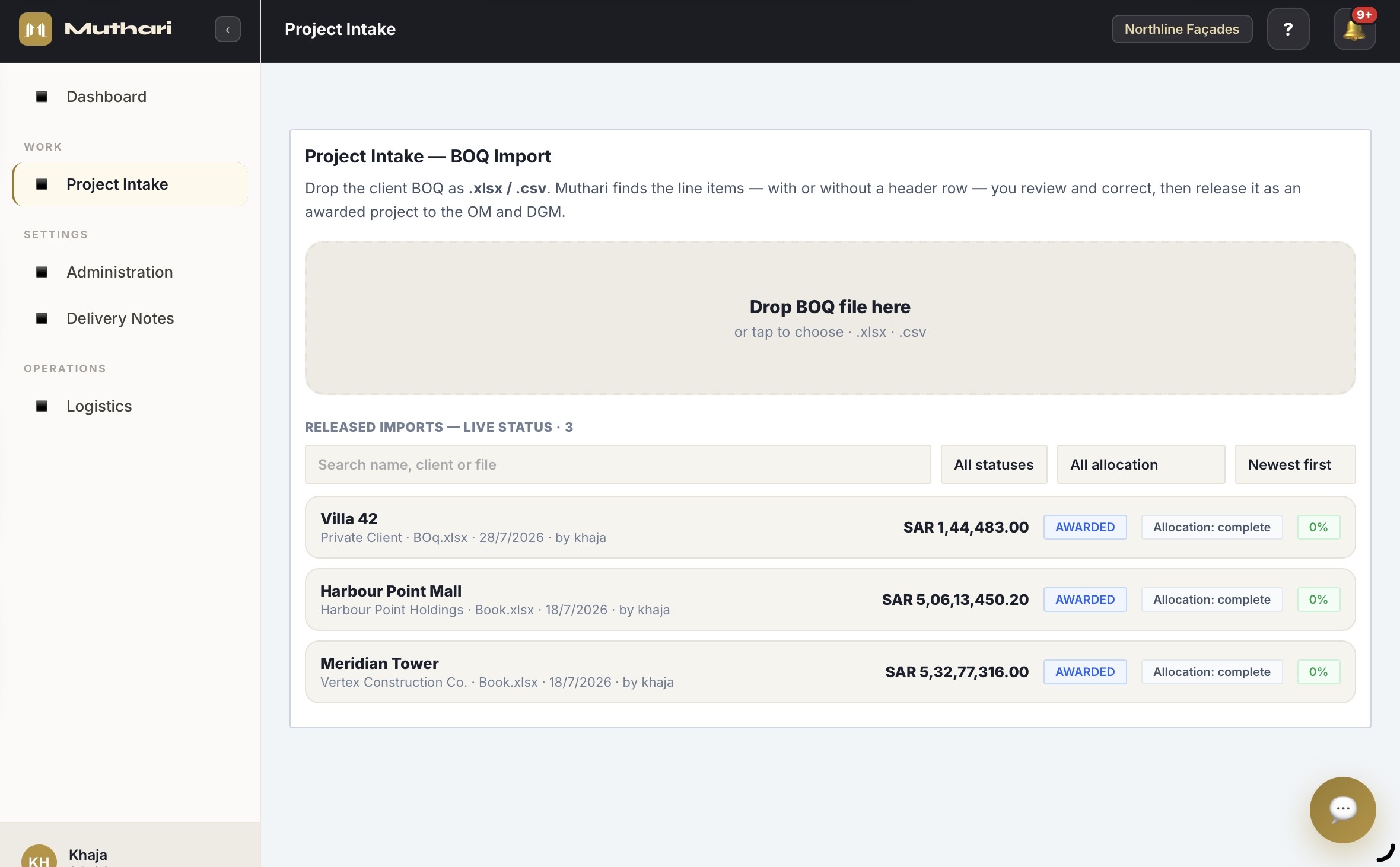 Project intake screen showing contract value, scope and BOQ