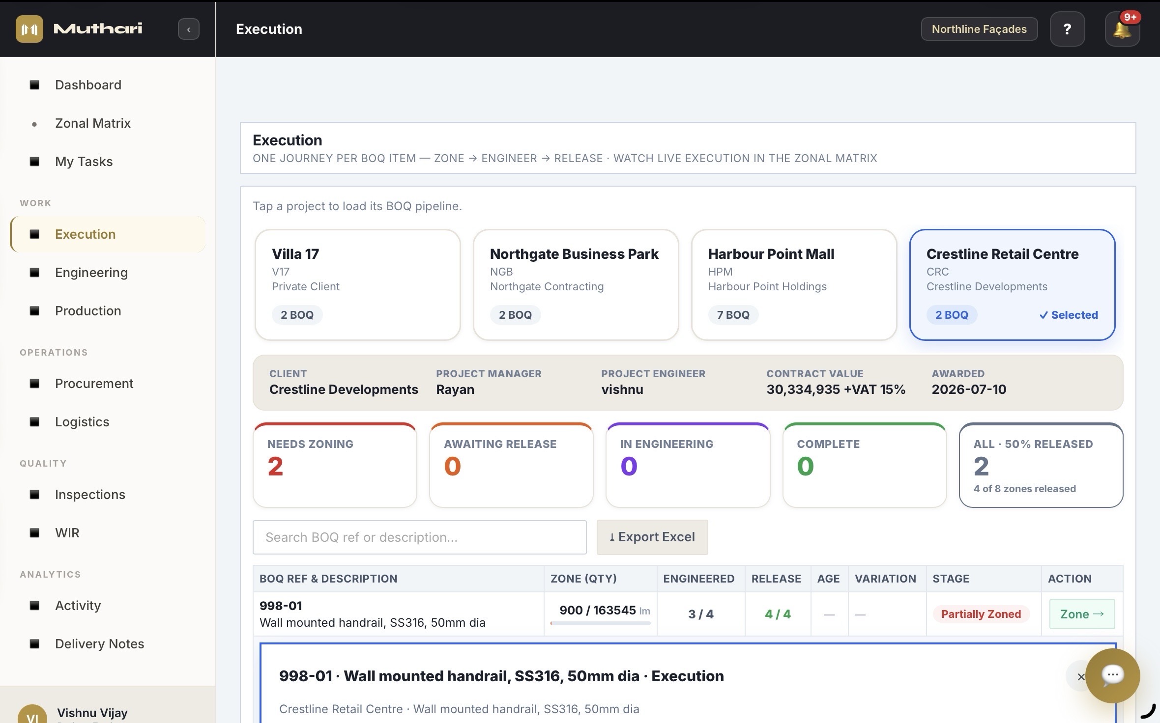 Execution pipeline showing zone status across the project