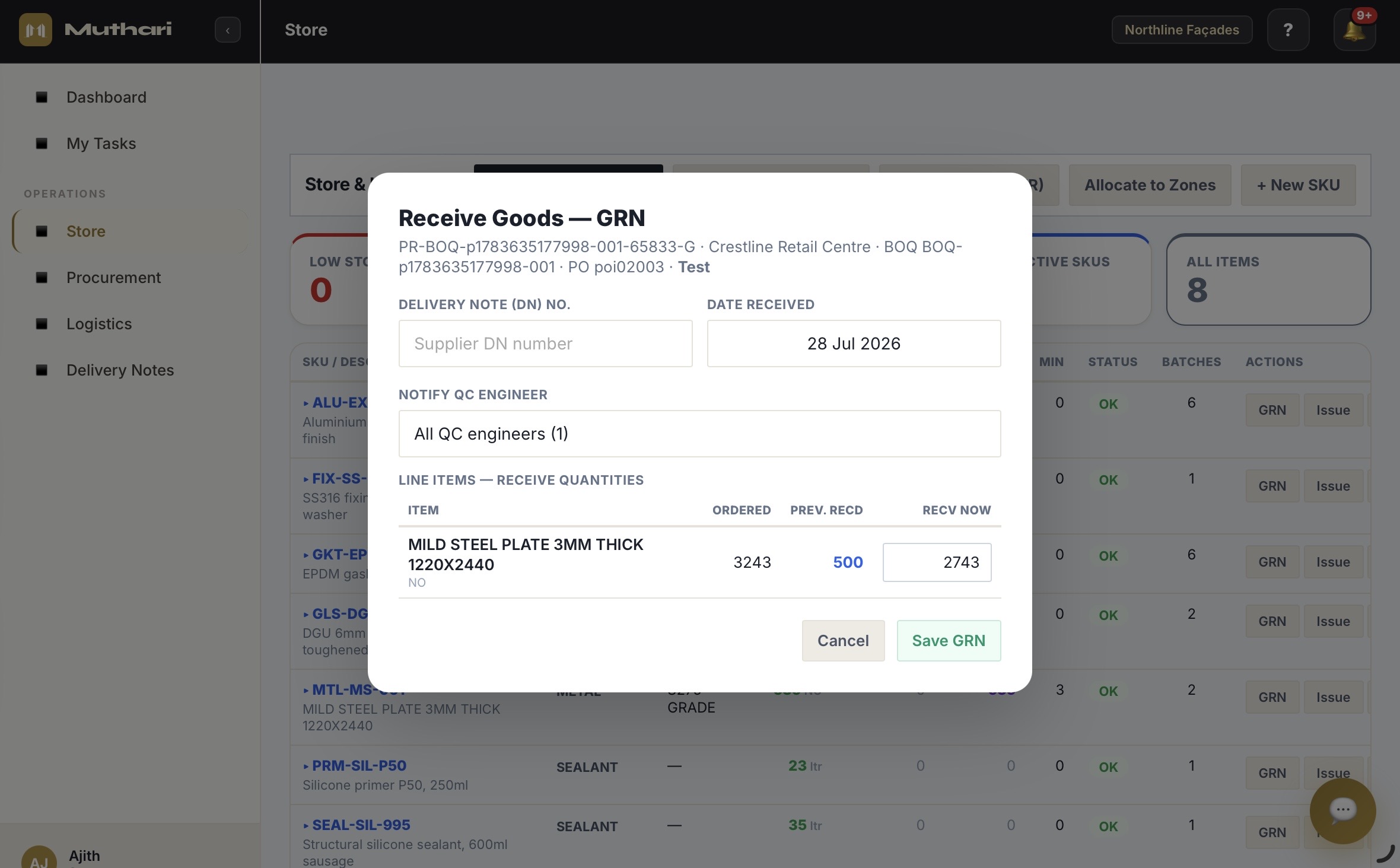 Store receiving screen matching a delivery against a purchase order