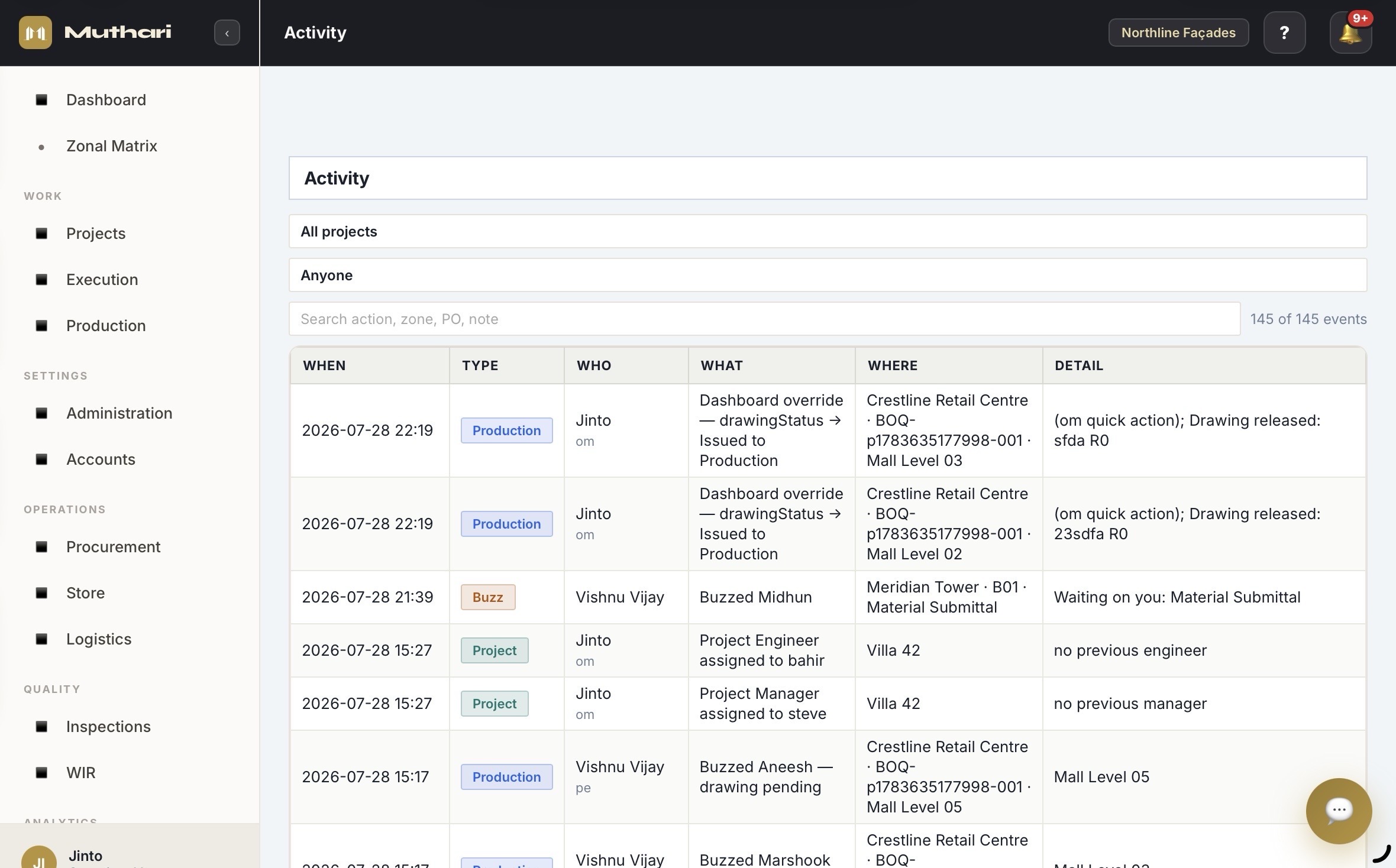 Activity feed showing a timestamped record of decisions with names
