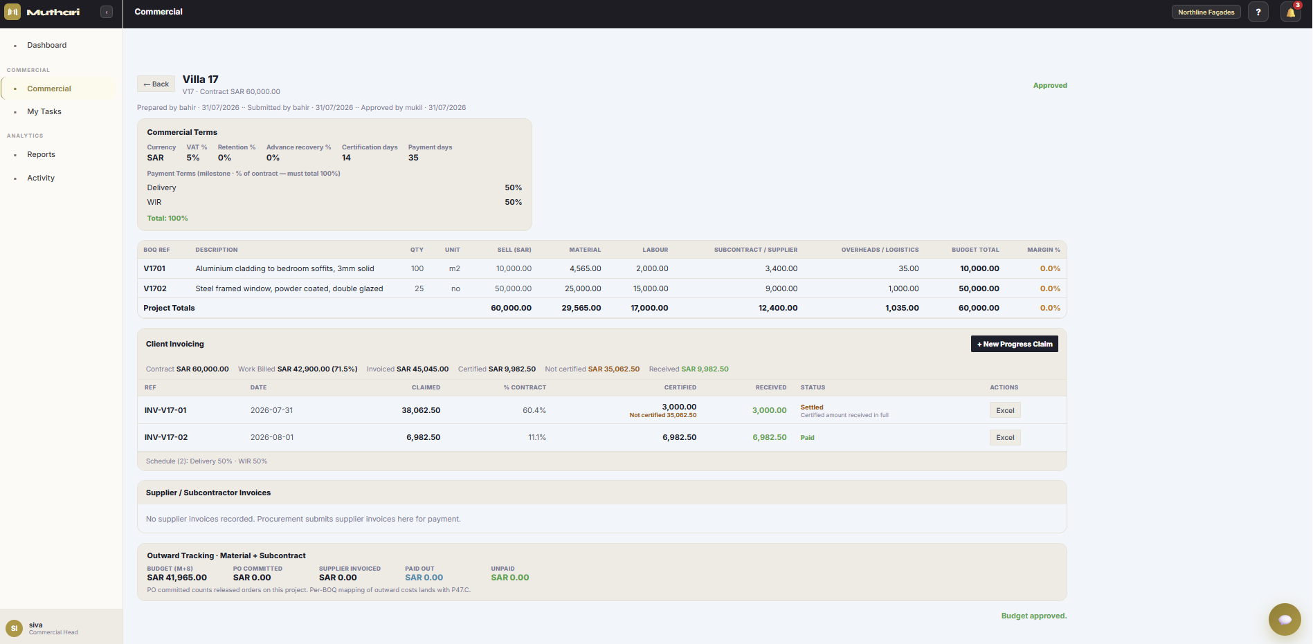 Commercial screen showing project budget, committed purchase orders and invoicing